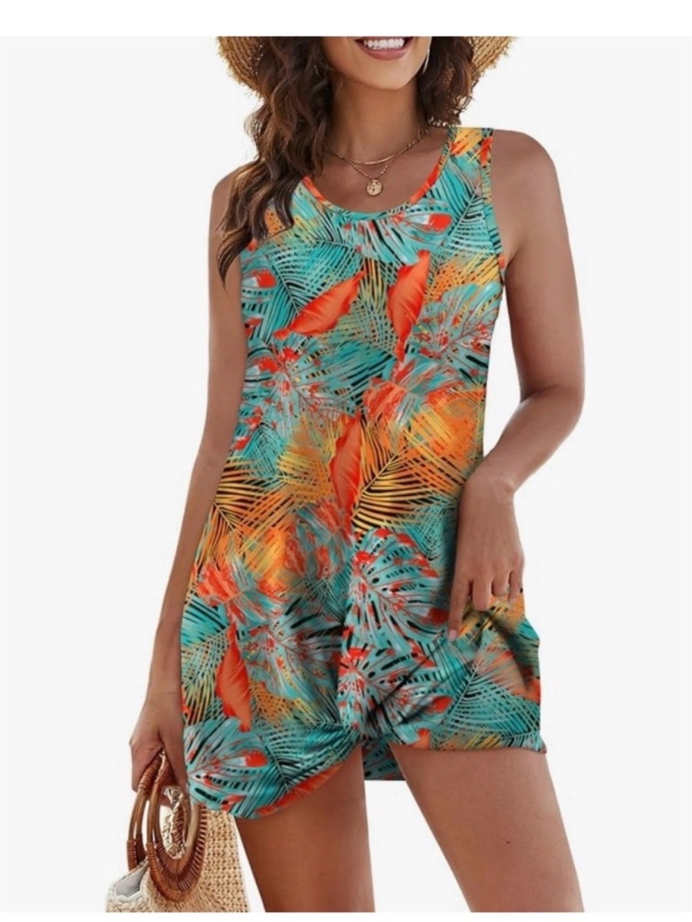 Tropical Leaf Print Sleeveless Front Tie Dress in Teal & Orange